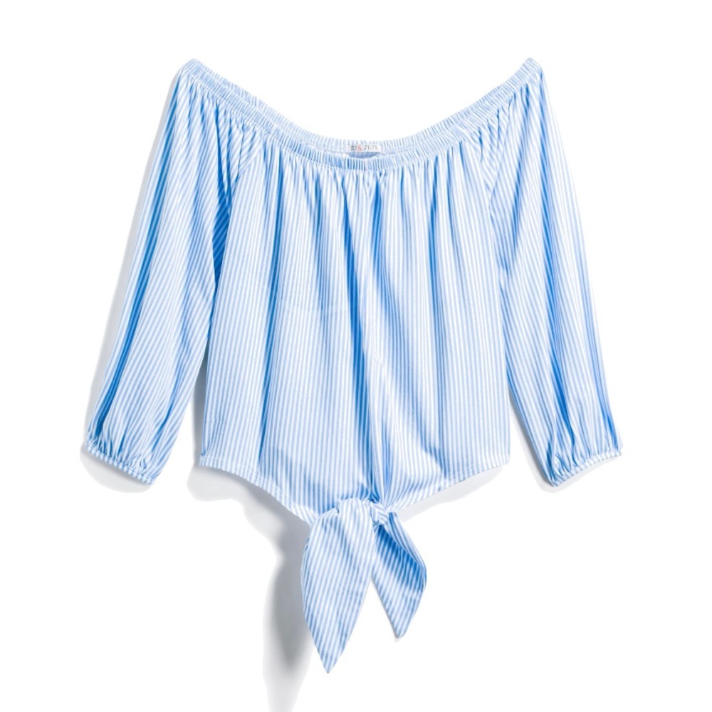 Tie front off the shoulder knit top